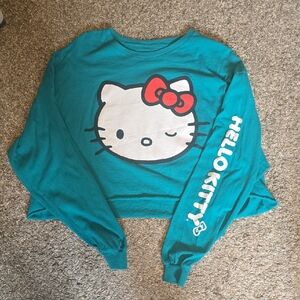 Hello Kitty Teal Cropped Graphic Sweatshirt with Red Bow